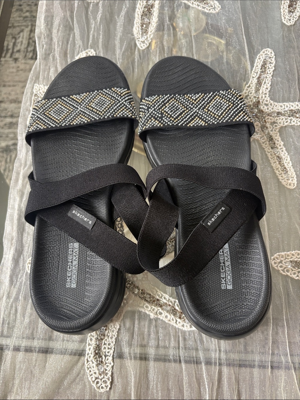 Skechers Women's Black Strappy Beaded Sandals - Picture 2 of 5